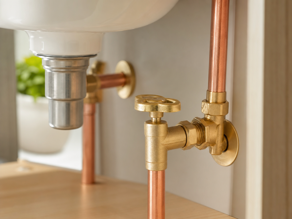 Freshly installed copper plumbing pipes and a brass shutoff valve